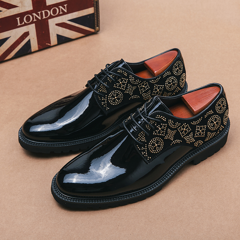 

Luxury brogue leather oxford shoes rhinestone patent pointed toe one stirrup men's fashion formal casual shoes Large sizes38-47, Black