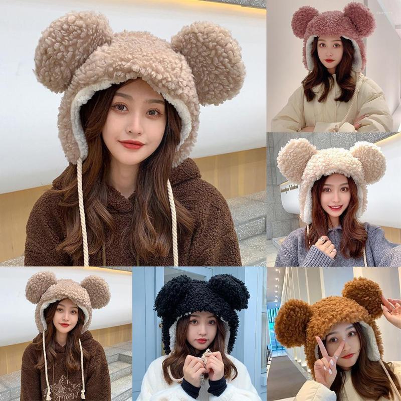 

Hats Women Winter Thicken Plush Warm Earflap Hat Cute Bear Drawstring Chin Strap With 1pc Windproof Beanie Ears Q9K9, One-size khaki