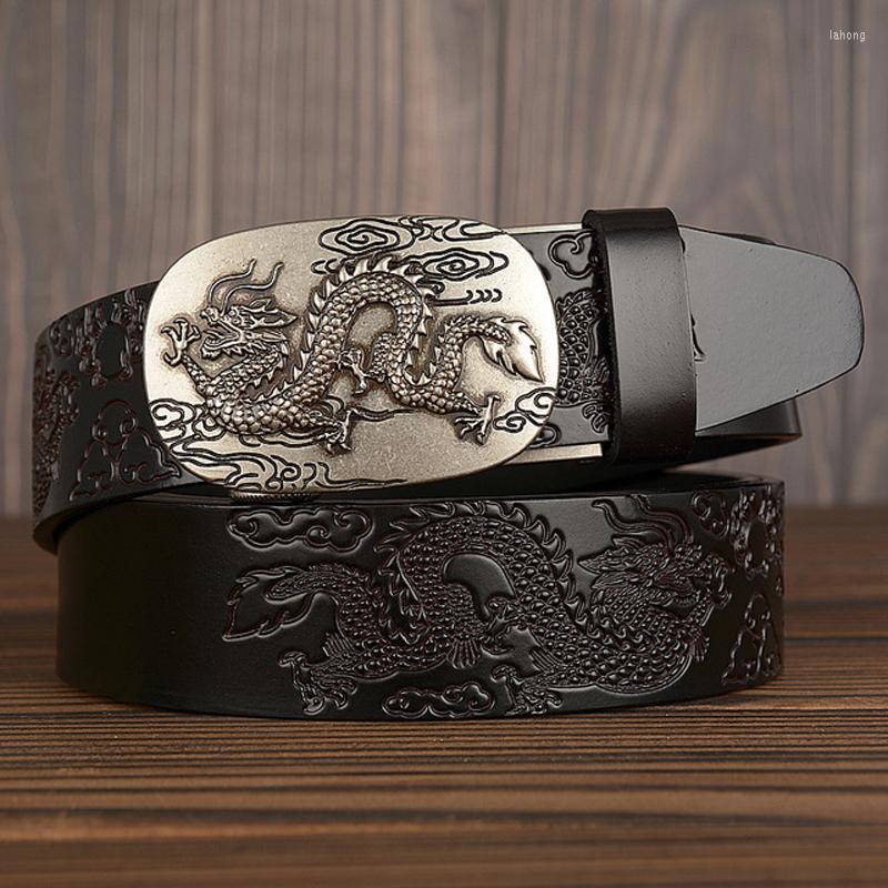 

Racing Sets High Quality Male Genuine Leather Strap Luxury Fashion Cowskin Men Belt Automatic Buckle Dragon Pattern Designer Belts, Golden buckle brown