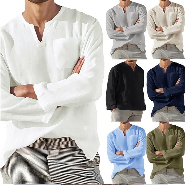 

Men's Casual Shirts 2022 Men's Long-sleeved V-neck Beach Linen, Khaki