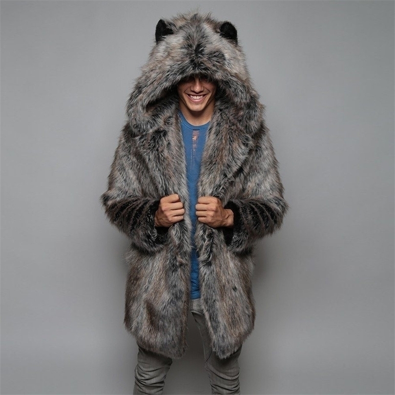 

Mens Fur Faux Winter Couple Men Coat Casual Women Hooded Jacket Bear Ear Warm Long Sleeve Overcoat 2201006, Gray
