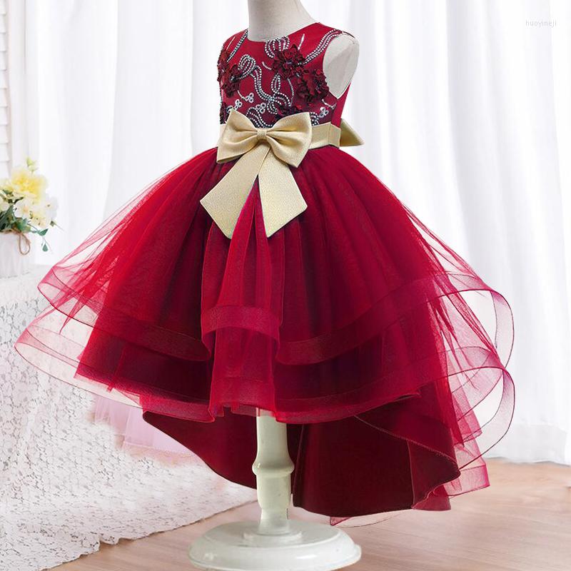 

Girl Dresses 3-14T Flower Trailing Wedding High Quality Pearl Bright Drill Tutu Dress Lace Princess Long Party, Picture shown