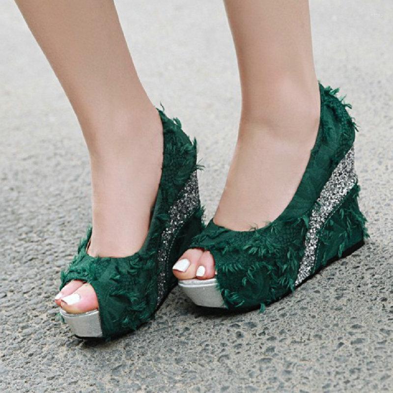 

Sandals Green Purple Peep Toe Sexy Mature Ladies Office Working Shoes Pumps Fluffy Brushed Designer Womens Platform Wedges Heels, Black