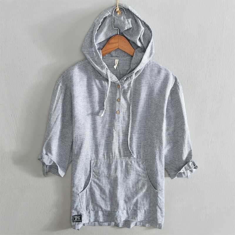 

Men's T-Shirts Hooded Short Sleeve T-Shirt for Men Cotton Linen Striped Casual Tops Summer New Male Tees 2021 New Thin Clothes T221006, Sky blue