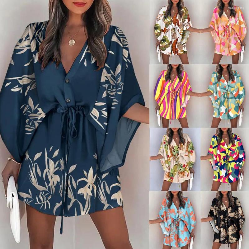 

Casual Dresses Summer Women' V Neck Tie Vacation Dress Doll Sleeve Elegant Print Ladies Bandage Clothing, St22056f