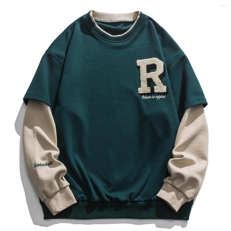 

Men' Hoodies Vintage Flocked Letter Fake Two Patchwork Hoodie Pullover Harajuku Sweatshirts Men Hip Hop Streetwear Loose Casual Tops, Brown