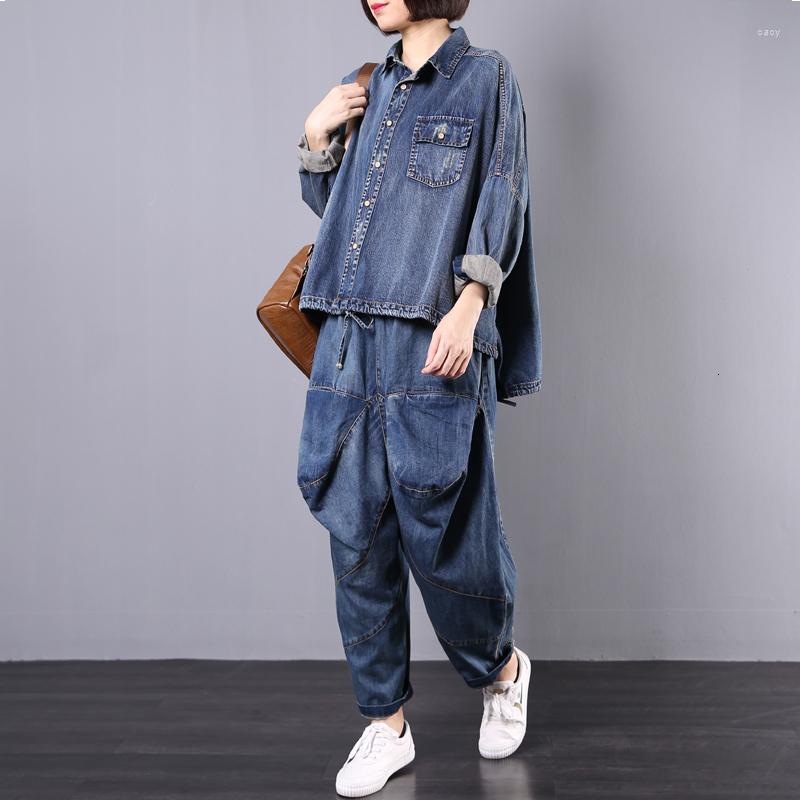 

Women's Two Piece Pants Autumn Women Outfits Jean Blouse Tops And Harem Trousers Sets Blue Shirts Denim Female Tracksuits 280S30, Picture shown