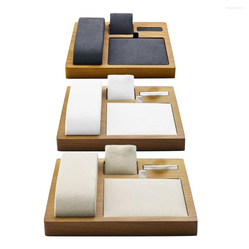 

Jewelry Pouches Wood Organizer Display Stand Showcase W/ Microfiber For Ring Storage