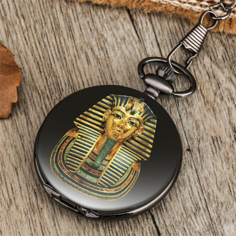 

Pocket Watches Smooth Black Quartz Watch Egyptian Pharaoh Pattern Printed Pendant Collection Souvenir Clock Gifts Men Women, With pocket chain