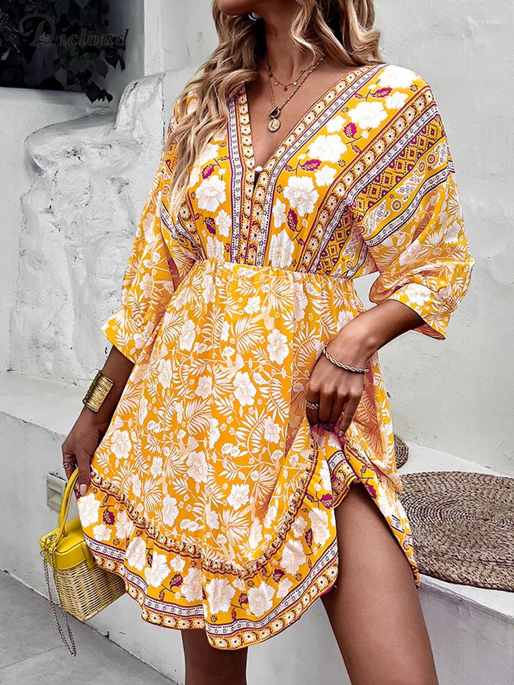 

Casual Dresses DICLOUD Bohemian Floral Print Dress For Women Sexy V-neck Backless Boho Beach Sundress 3/4 Sleeve Vintage Party Vestidos, Blue