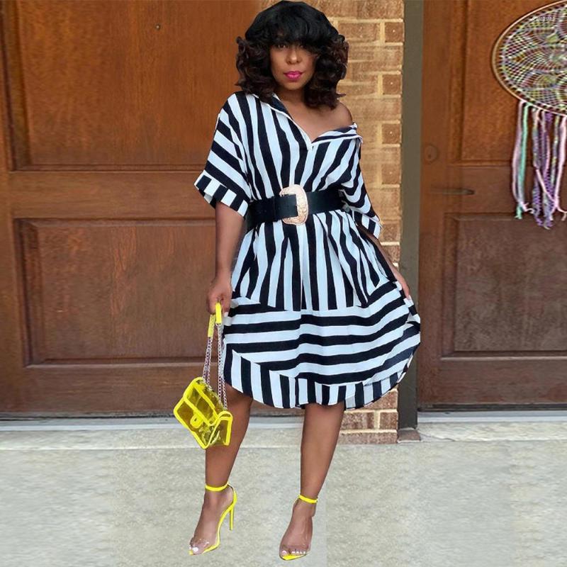 

Casual Dresses Black White Striped Women' Shirt Dress Fashion Turn Down Collar Half Sleeve Vestido Office Lady Loose Knee Length
