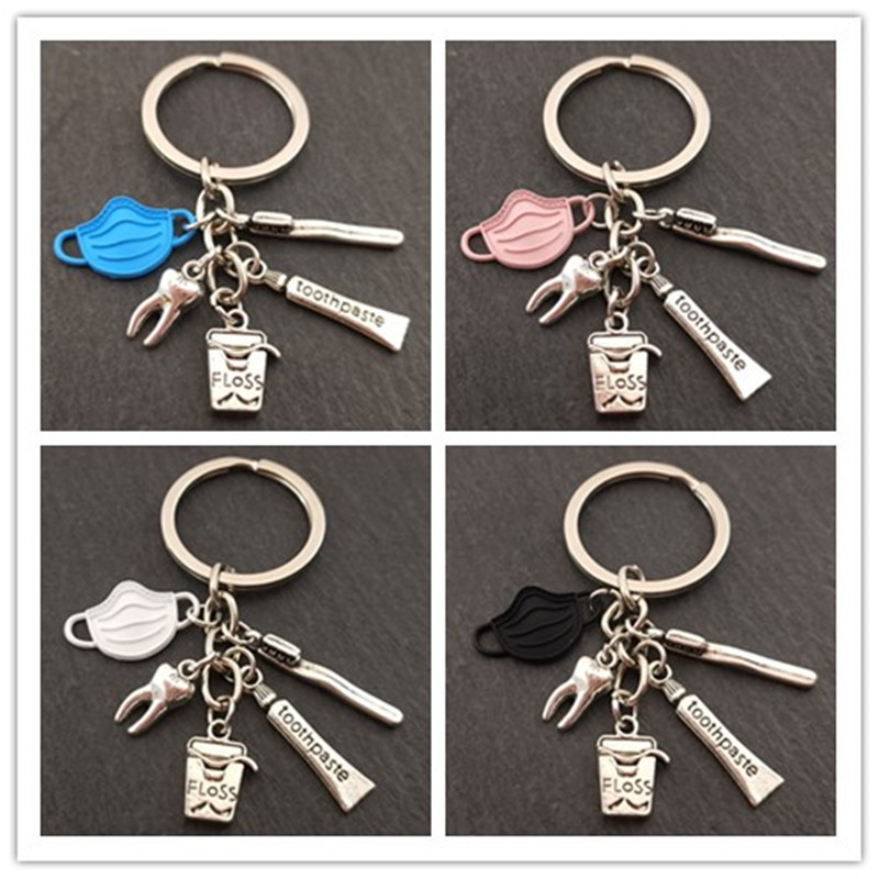 

Fashion Selling Dentist Keychain Tooth Toothpaste Toothbrush Tooth Cup Combination Accessories Key Ring Pendant Gift