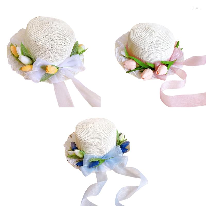 

Hats 28TF Ladies Sun Flat Hat Tulips Decor Summer Foldable Floppy Beach For Women, Pink
