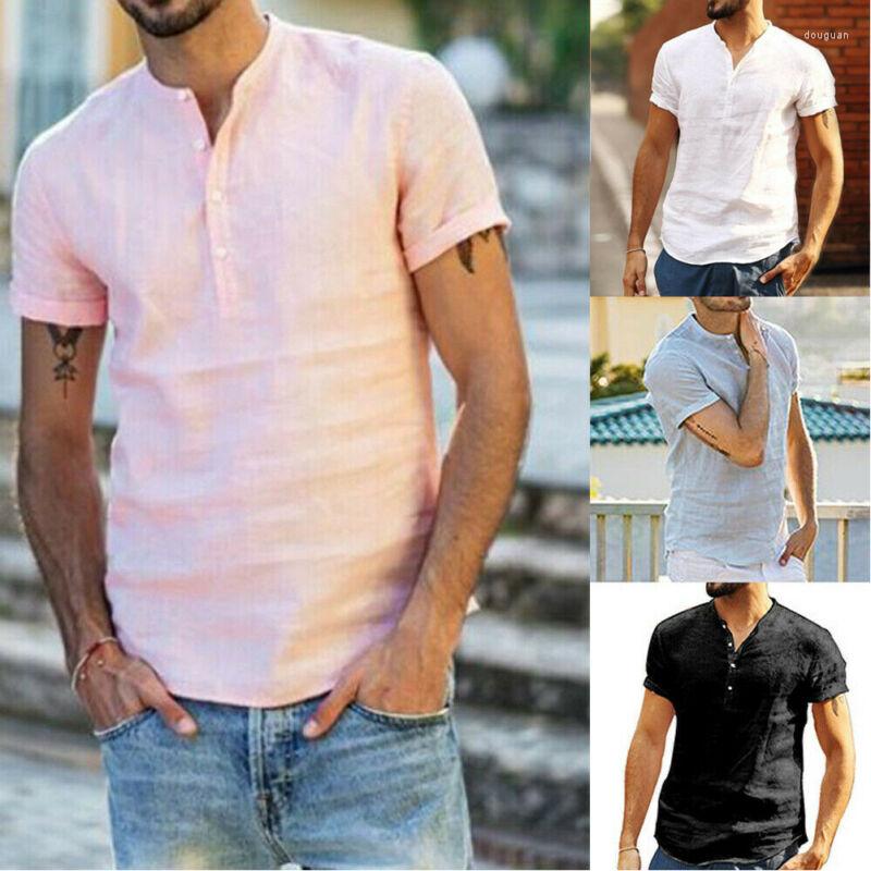 

Men's Casual Shirts 2022 Fashion Men's Linen Short Sleeve Shirt Summer Cool Loose V-Neck Tops Plus, Black