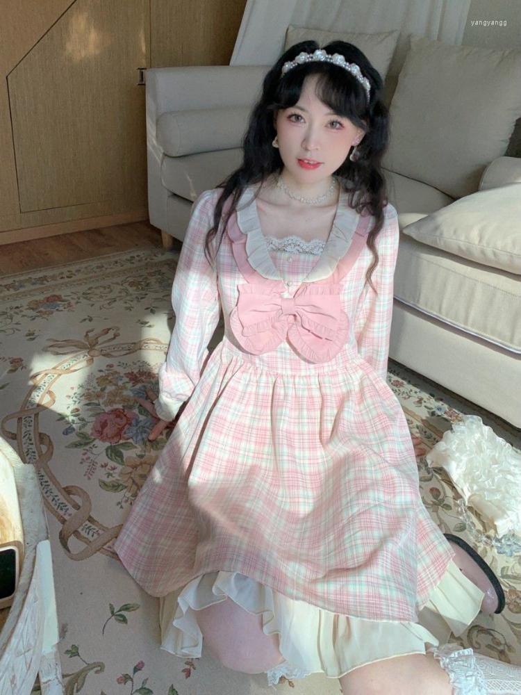 

Casual Dresses Kawaii Sweet Plaid Dress Female Japanese Lolita Bow Square Collar Long Sleeve Women Pink Vestido De Mujer, Pink lattice