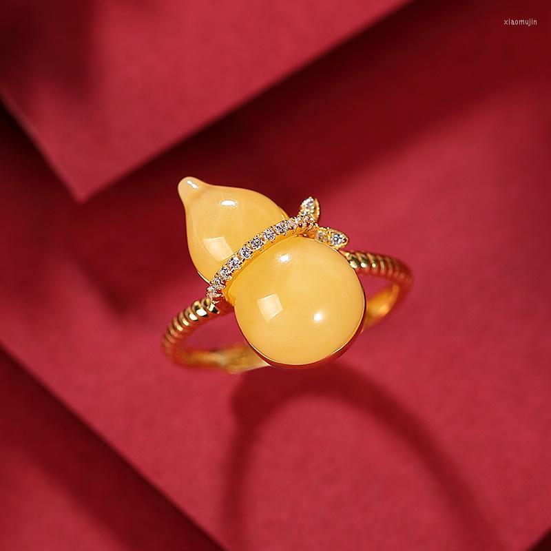 

Cluster Rings Natural 925 Sterling Silver Gilt Inlaid Gourd Amber Retro Individuality Resizable Women