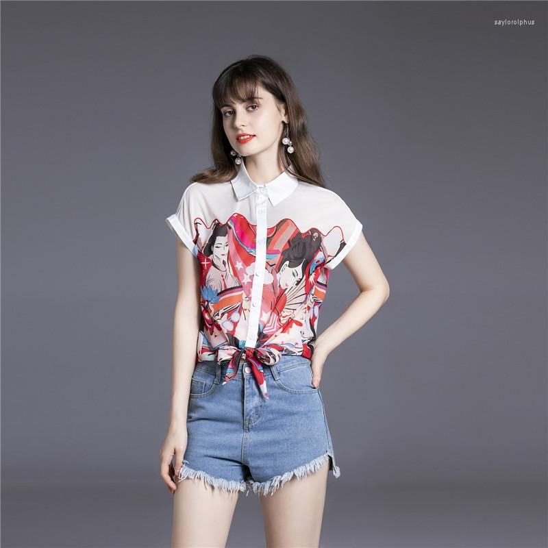 

Women's Blouses Knotted Hem Shirt Women 2022 Short-sleeved Meat-covering Chiffon Top To Cover Belly Reduce Age Western Style Print Summer, Picture shown