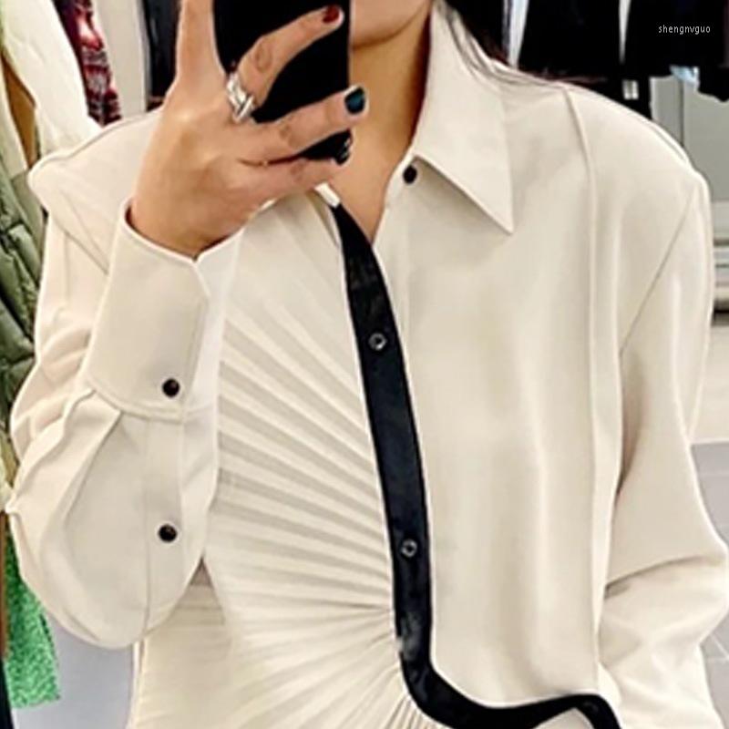 

Women' Blouses SuperAen Asymmetric Pleated Shirt Autumn 2022 Korean Version Loose Single Breasted Top Fashion, Apricot
