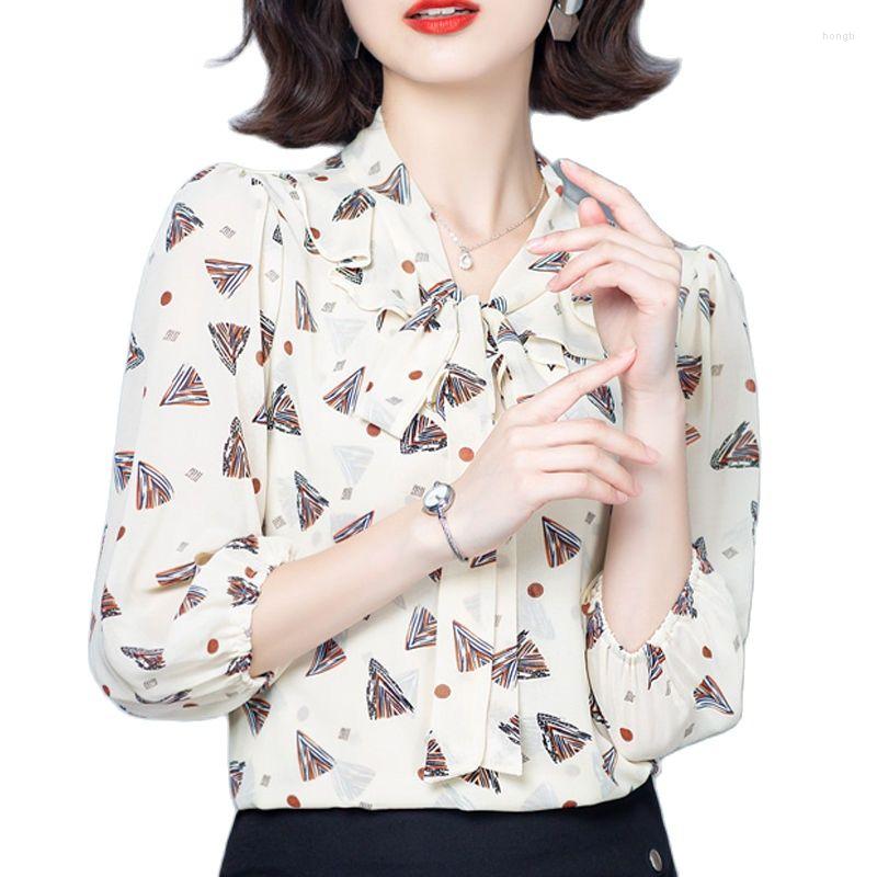 

Women' Blouses Women Spring Summer Style Chiffon Tops Lady Casual Half Sleeve Printed Bow Tie Collar Blusas DF4066, Beige