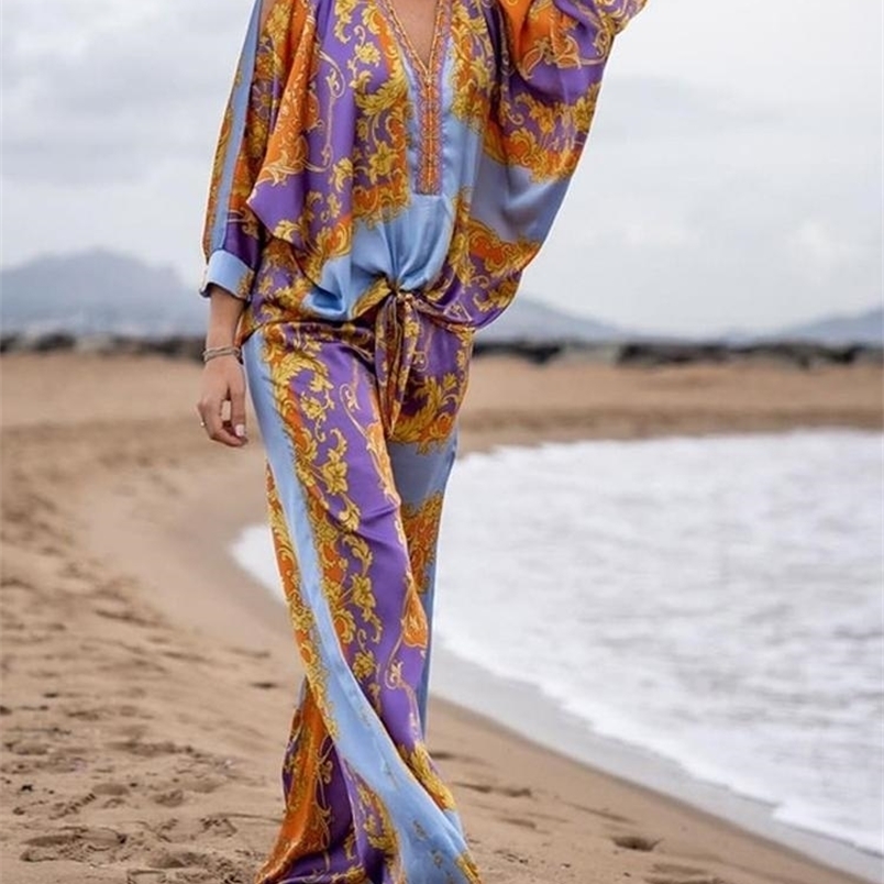 

Women's Two Piece Pants Men's Tracksuits Vintage Beach Ethnic Print Pant Sets Boho Printed Matching Women Casual Long Sleeve Top Elastic Waist Trouser Two Piece Set, 02