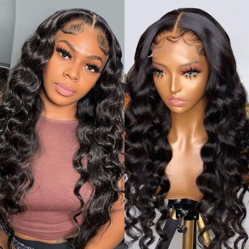 

Peruvian Human Hair Wigs For Women Loose Deep Wave Remy Lace Frontal Wig Pre Plucked 4x4 Closure T Middle Part, T part lace wig