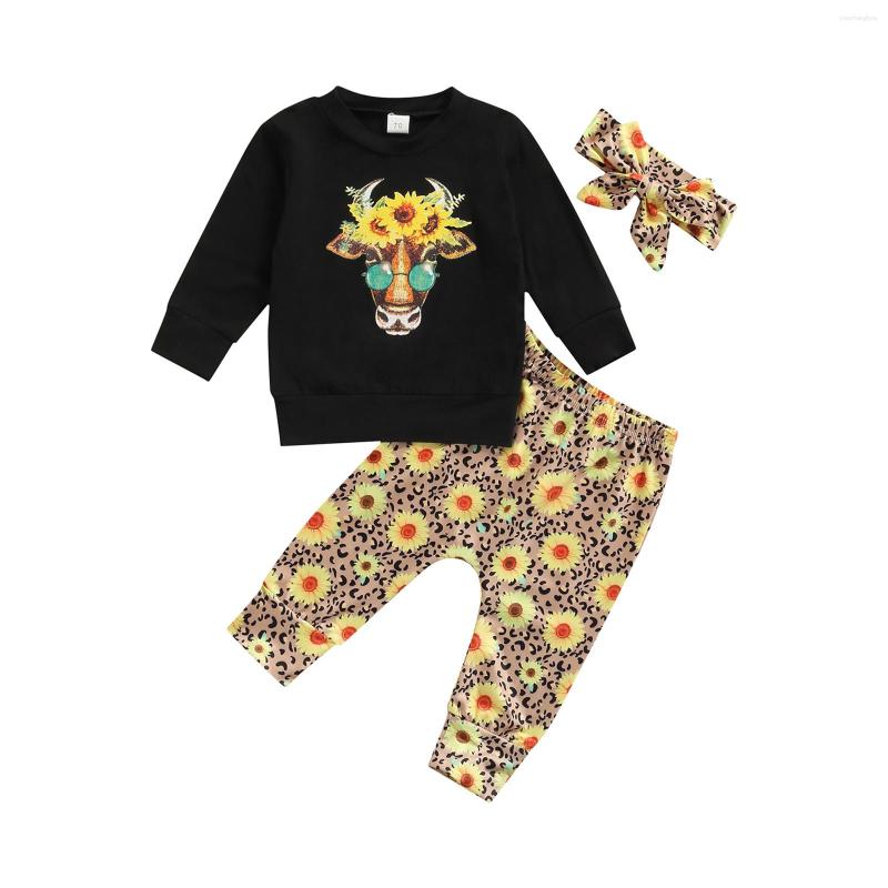 

Clothing Sets Baby Girls Clothes Set Bull Head Print Round Neck Long Sleeves Tops With Sunflower Casual Pants And Bow Headband, Picture shown