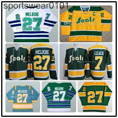 

Retro Full Stitched Men's 1970s CALIFORNIA GOLDEN SEALS Blue Green Yellow White Gilles Meloche 27 Reggie Leach 7 Cheapest Hockey Jersey