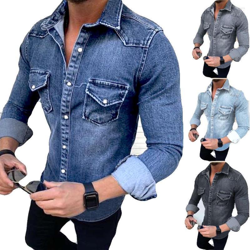 

Men's Casual Shirts 2022 Spring And Autumn Retro Minimalist Long Sleeve Denim Shirt Men's Double Pocket T Men, Sky blue