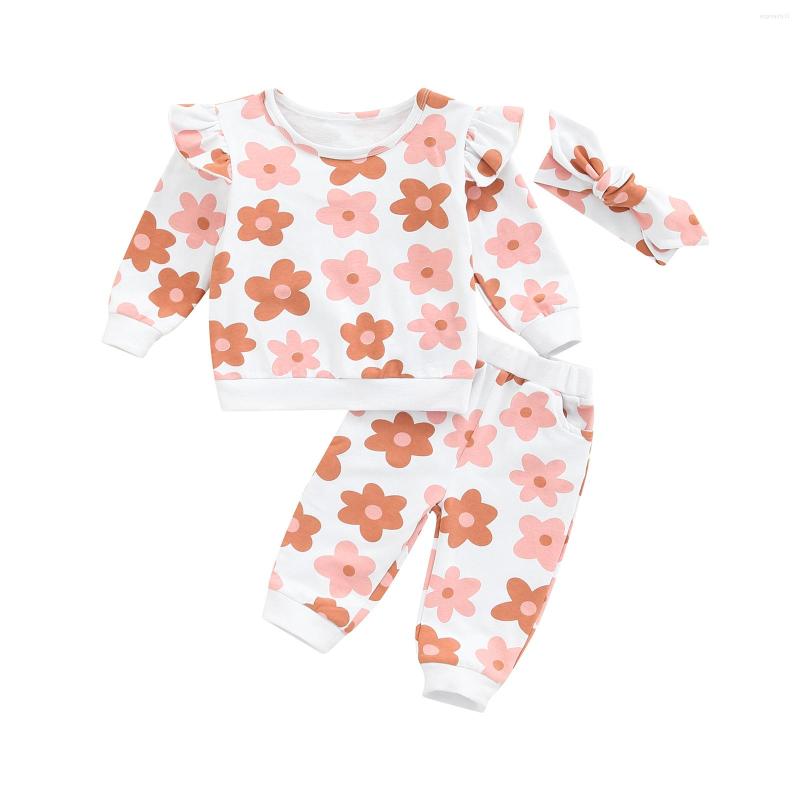 

Clothing Sets 3 Pcs Infant Pants Set Baby Girls Floral Print Sleeve Round Neck Pullover Trousers With Pockets Headband 3M-3T, Picture shown