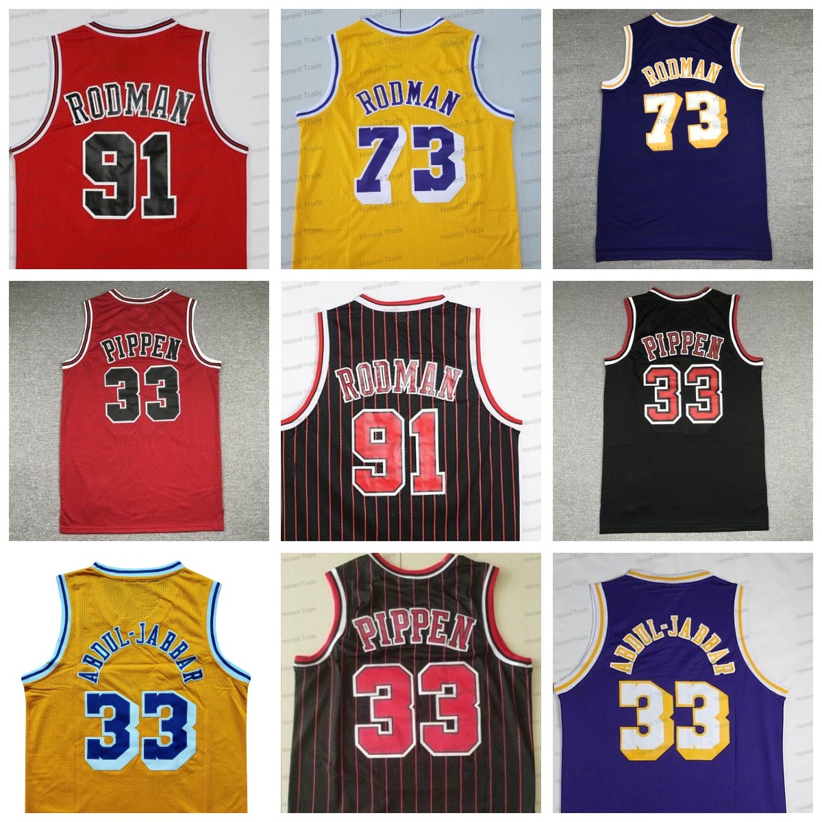 

Retro 91 Dennis Rodman 73 Basketball Jersey Kareem Abdul-Jabbar 33 Scottie Pippen White Purple Stitched Mens Vintage Jerseys, 91 rodman;1 rose