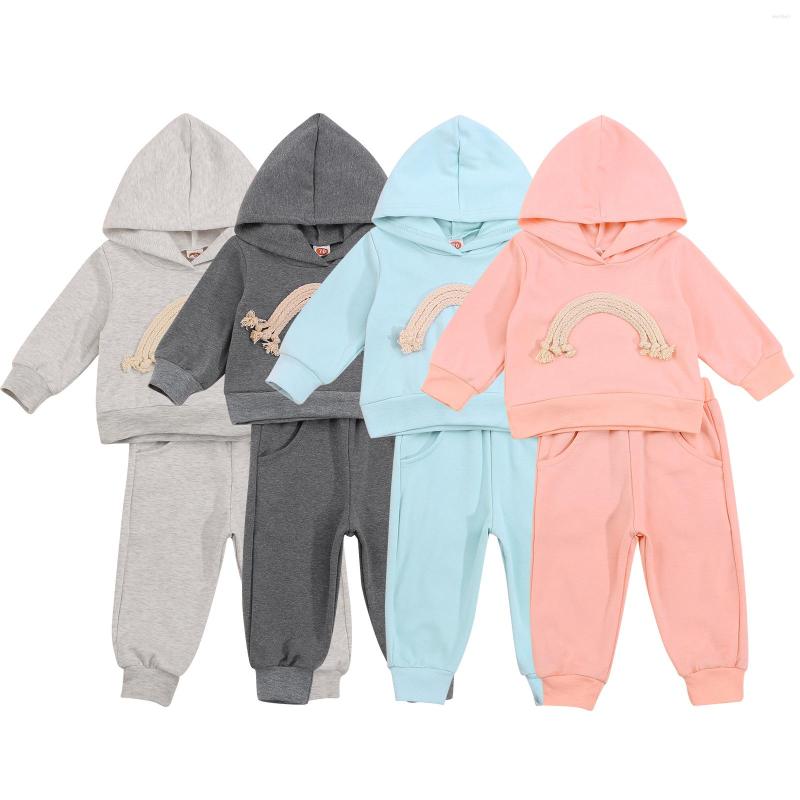 

Clothing Sets Infant Baby Girls Boys Casual Two-piece Clothes Set Rainbow Pattern Hooded Pullover And Elastic Waist Pants, Gray