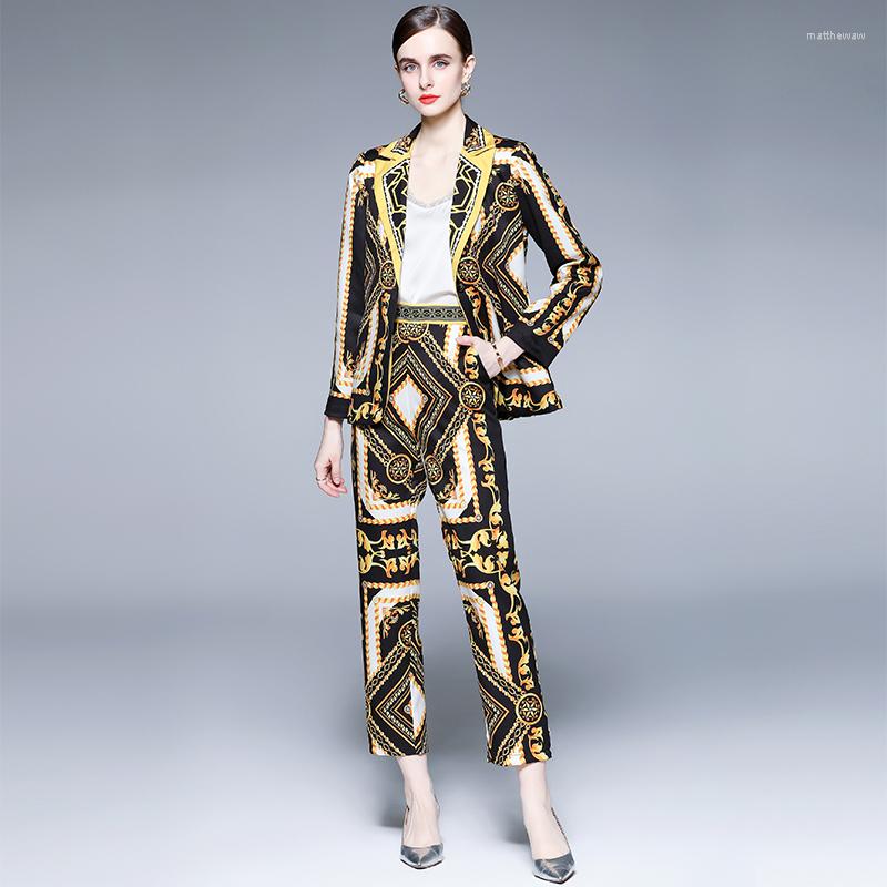 

Women's Two Piece Pants Fashion Designer Runway Autumn Women Vintage Print Business Office Outfits Notched Jacket Blazer Coat Pencil Pant 2, Mixed color