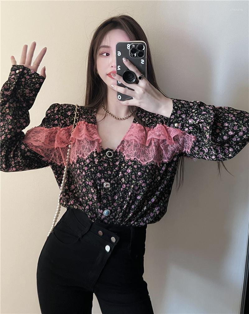 

Women's Blouses Firm Offers To Film A Flower Bud Silk Stitching Shirt Female Design Feeling Small Port Flavor Long Sleeve Blouse, Black