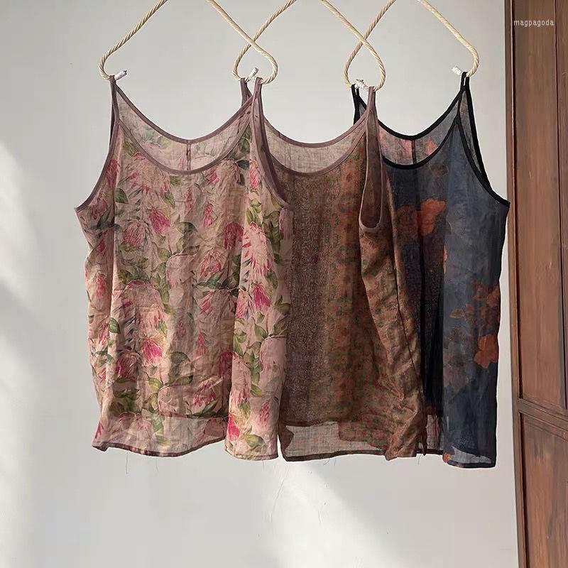 

Ethnic Clothing 2022 Summer Chinese Style Flower Printing Vintage Halter Top For Women Loose Casual Inside Sleeveless Retro