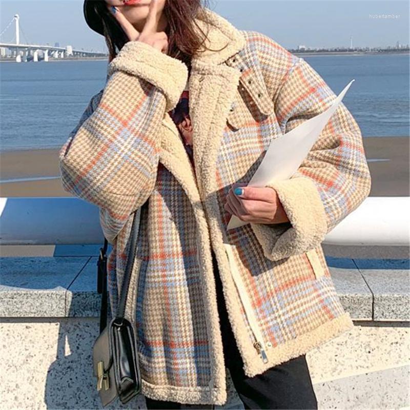 

Women's Down Jackets Women Notched Full Sleeve Ly Outerwear Plaid Tender Girlish Winter Jacket Plus Velvet Street Feminino Casual Coat