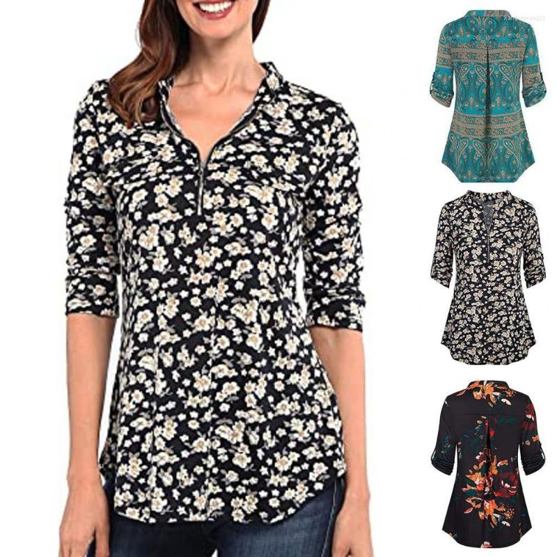 

Women' Sweaters Summer Trend V-neck Loose Tops Women' Half Sleeve Floral Shirt Vintage Zipper Print T-shirt Plus Size Casual, Green