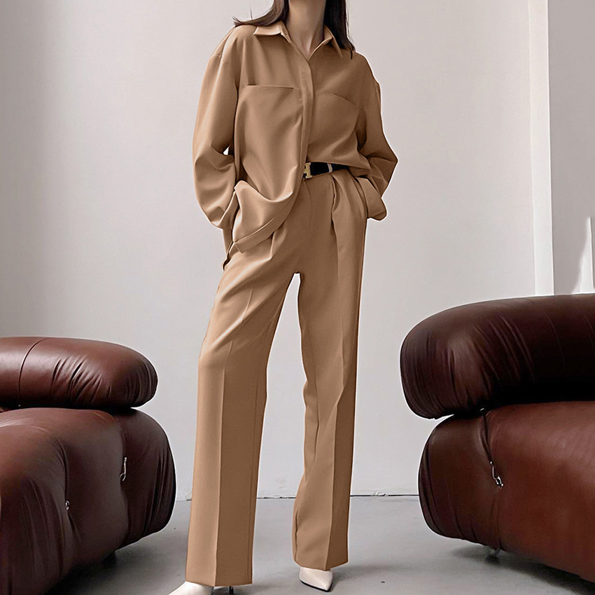 

Women's Two Piece Pants Men's Tracksuit Office Pants Sets Elegant Woman Suit Long Sleeve Shirt High Waist Wide Leg Casual Conjuntos Feminino Elegante 221006, Khaki