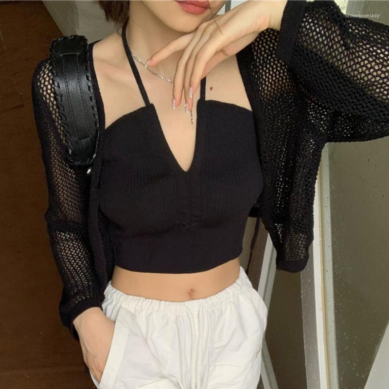 

Women's Knits Korean Style Y2k Long Sleeve T-shirt Women Knitted Cardigan With Elastic Halter Neck Camis Tank Tops 2 Piece Fashion, Apricot vest