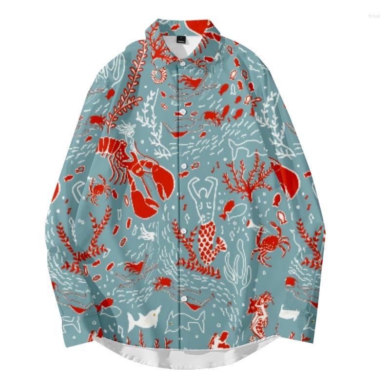 

Men's Casual Shirts Spring Autumn Fashion Men Blue Print Long Sleeve Shirt Tops Clothing Loose Hip Hop Turn-down-collar Streetwear, Style 5
