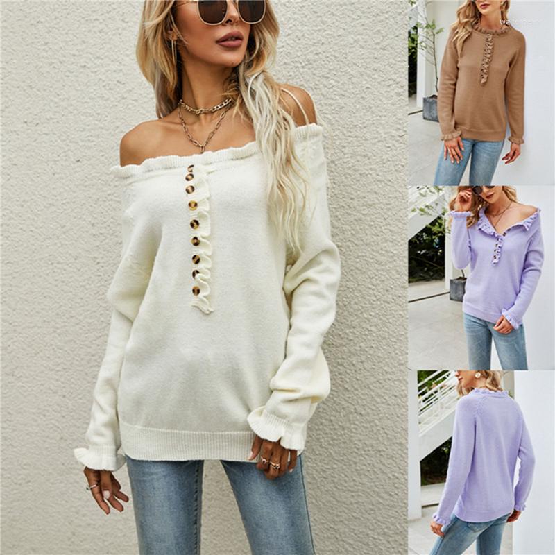 

Women' Sweaters Women Autumn Winter Sweater Solid Color Off-Shoulder Long-Sleeves Knitted Frilly Pullover Tops For Girls 3 Colors, Purple