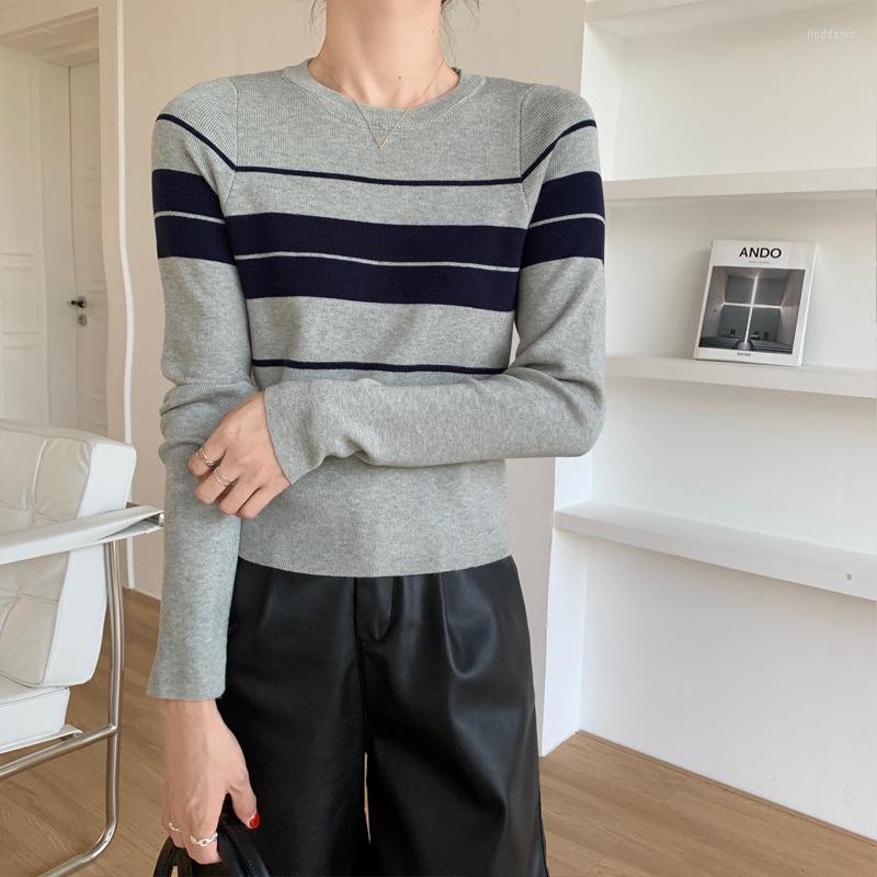 

Women's Sweaters Women Vintage Striped O-Neck Sweater Leisure Contrast Color Temperament Bottoming Knitwear Autumn Winter Office Lady Jumper