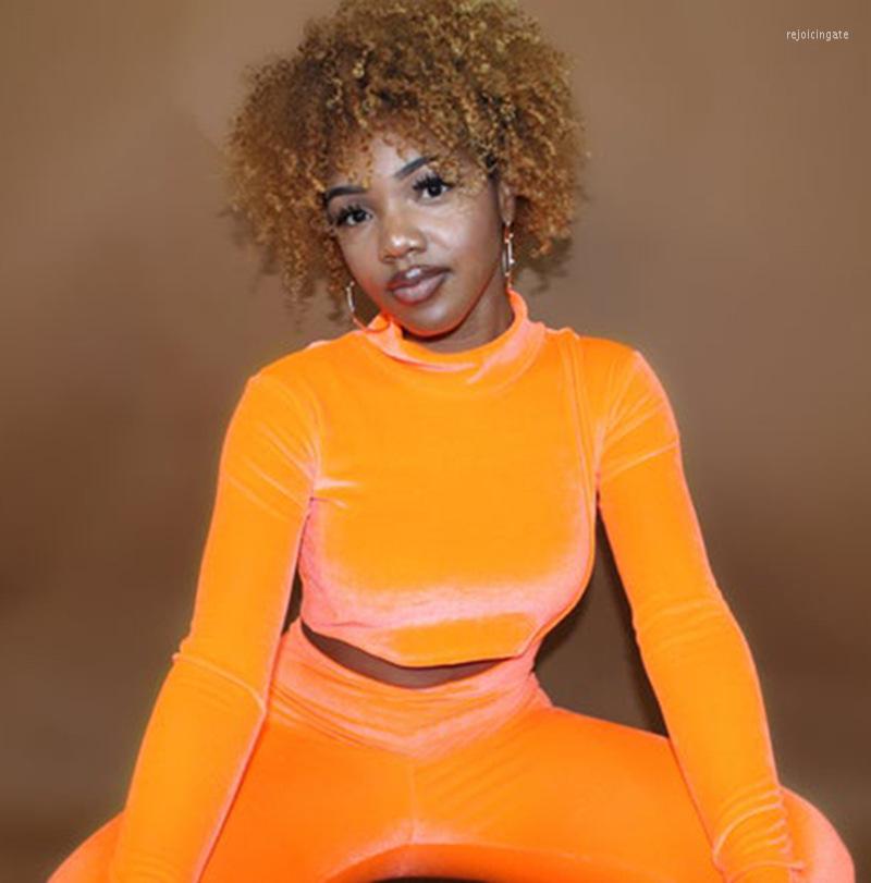 

Women' Tracksuits OMSJ Fashion Brown Velvet Tracksuit High Neck Women Long Sleeve Crop Tops And Overalls Two Piece Sets Workout Fitness