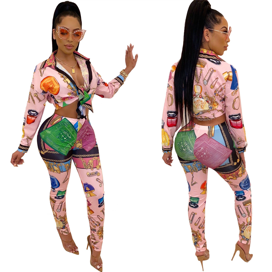 

Print Two Piece Pants Women Outfits Lapel Neck Shirt and Trousers Set Easy Suits Free Ship, Pink