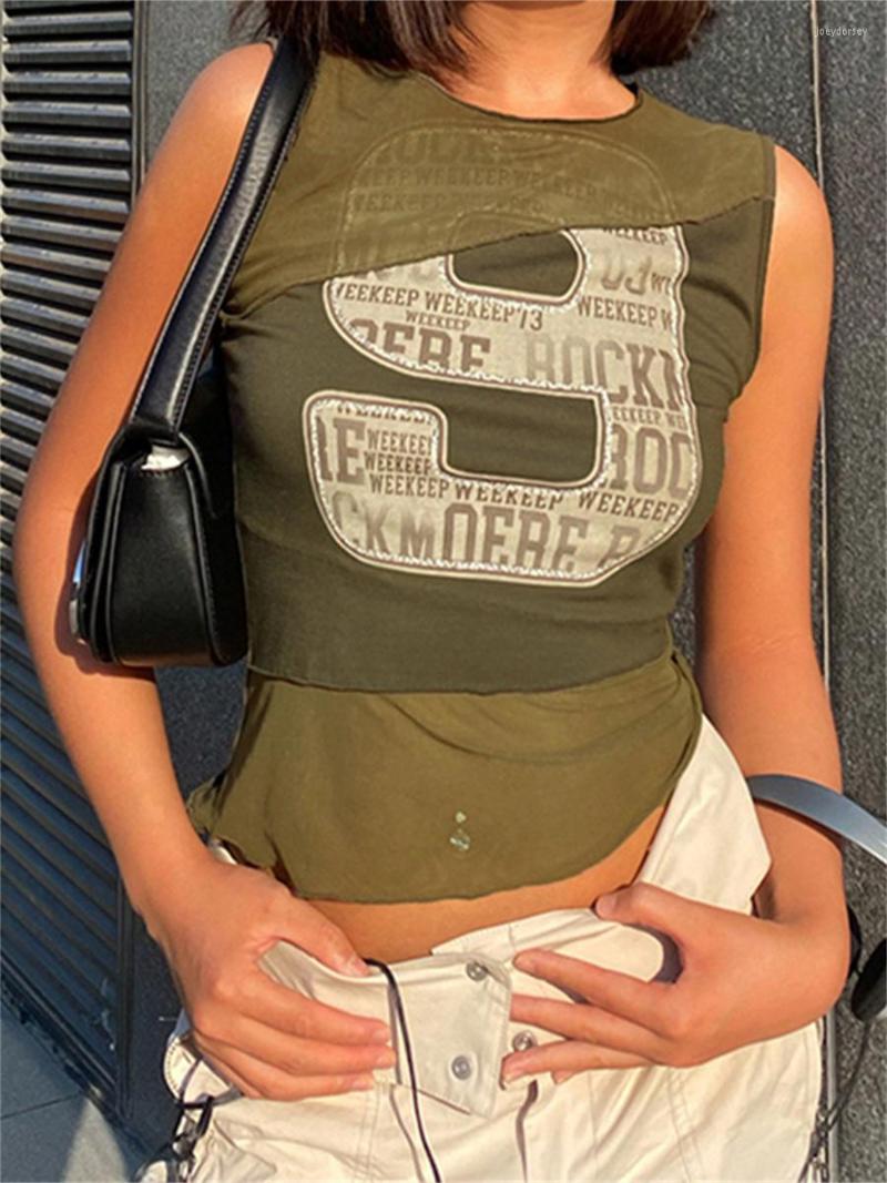 

Women' Tanks Summer Casual Women Letter Print Vest Tops Street Style Sleeveless Patchwork Round Neck Tank Grunge Harajuku Slim, Green