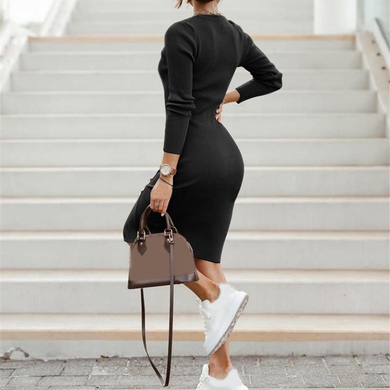 

Casual Dresses Women Dress Knee Length Long Sleeve Solid Color Vent Button Fall Winter Round Neck, Black