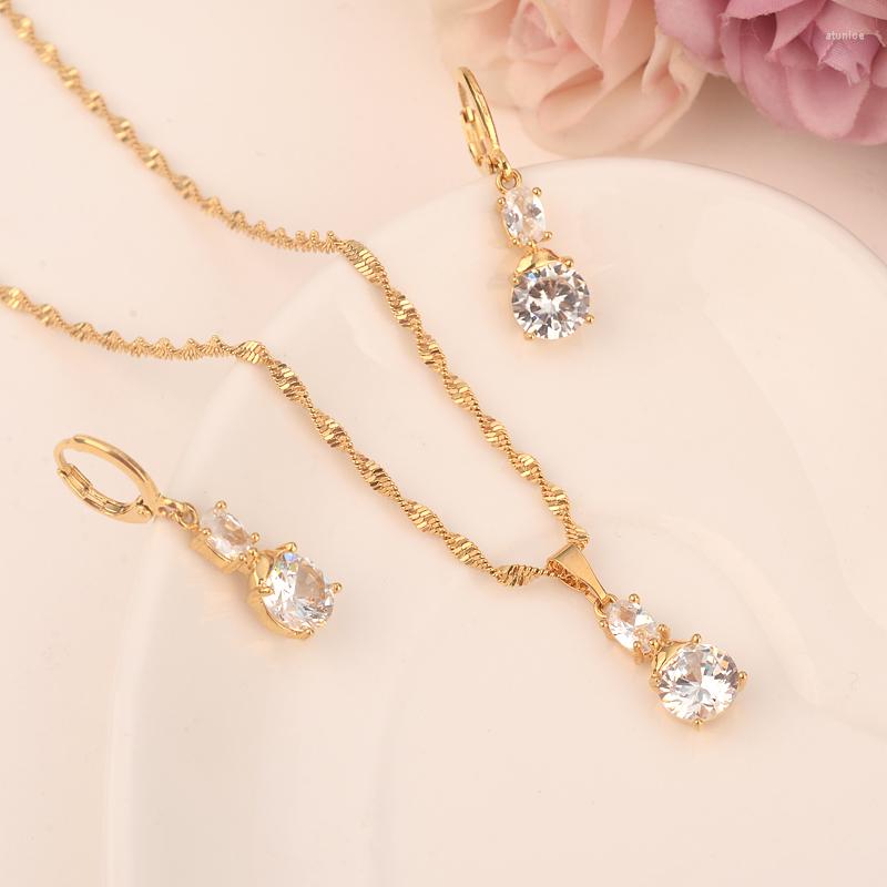 

Necklace Earrings Set Gold Dubai Cute Cz Crystal Stone Love Pendant Chain Bridal Women Party Wedding Mother Gifts, Picture shown