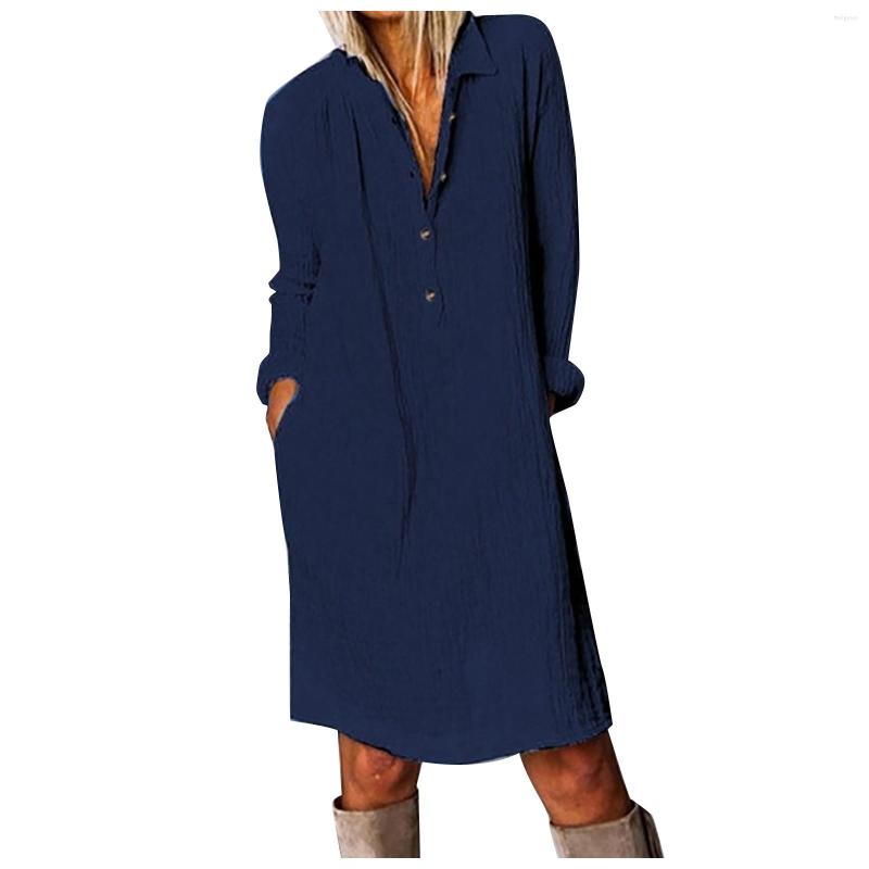 

Casual Dresses Women' Color Linen Cotton Solid Dress Lapel Loose Fashion Shirt, Blue