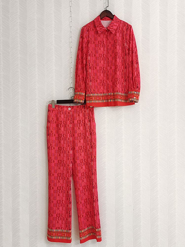 

Women's Two Piece Pants Men's Tracksuits Fashion Designer Summer Suit Women Red Long Sleeve Single Breasted Printed Shirt High Waist Pants 221006