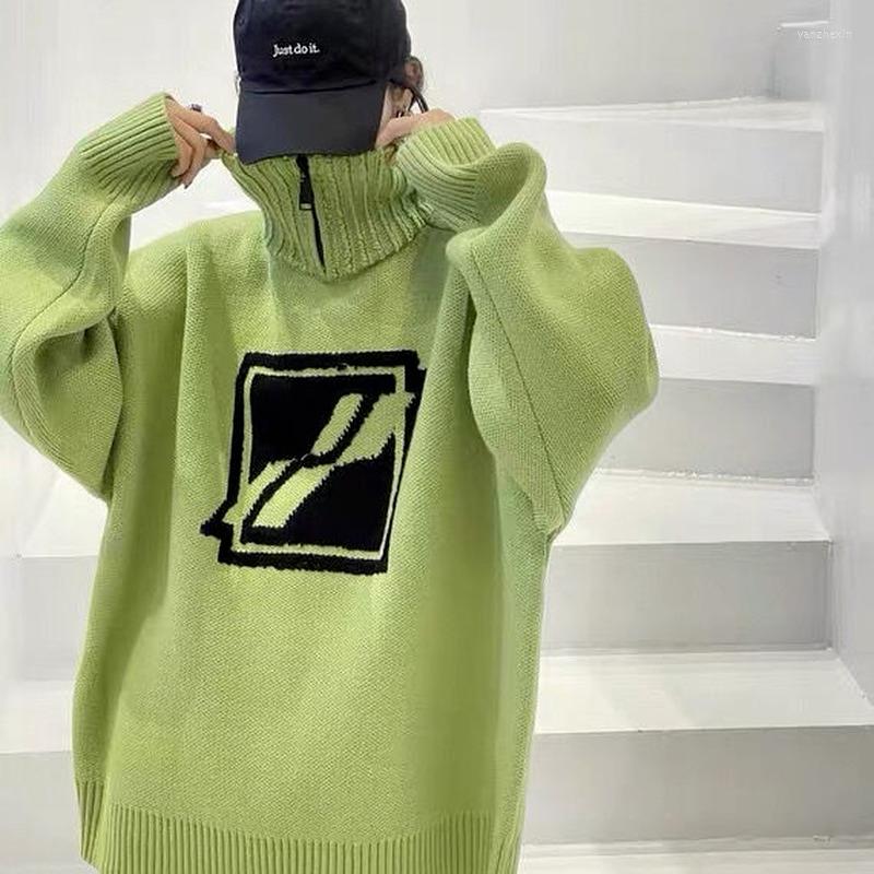

Women's Sweaters Autumn And Winter Women's Sweater High Stand Collar Square Logo Loose Knit Zipper Pullover, Green