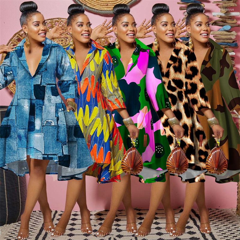 

Casual Dresses Women Printing And Dyeing Seven-Point Sleeve Lapel Button Loose Shirt Dress Autumn Street Age-Reducing, Blue